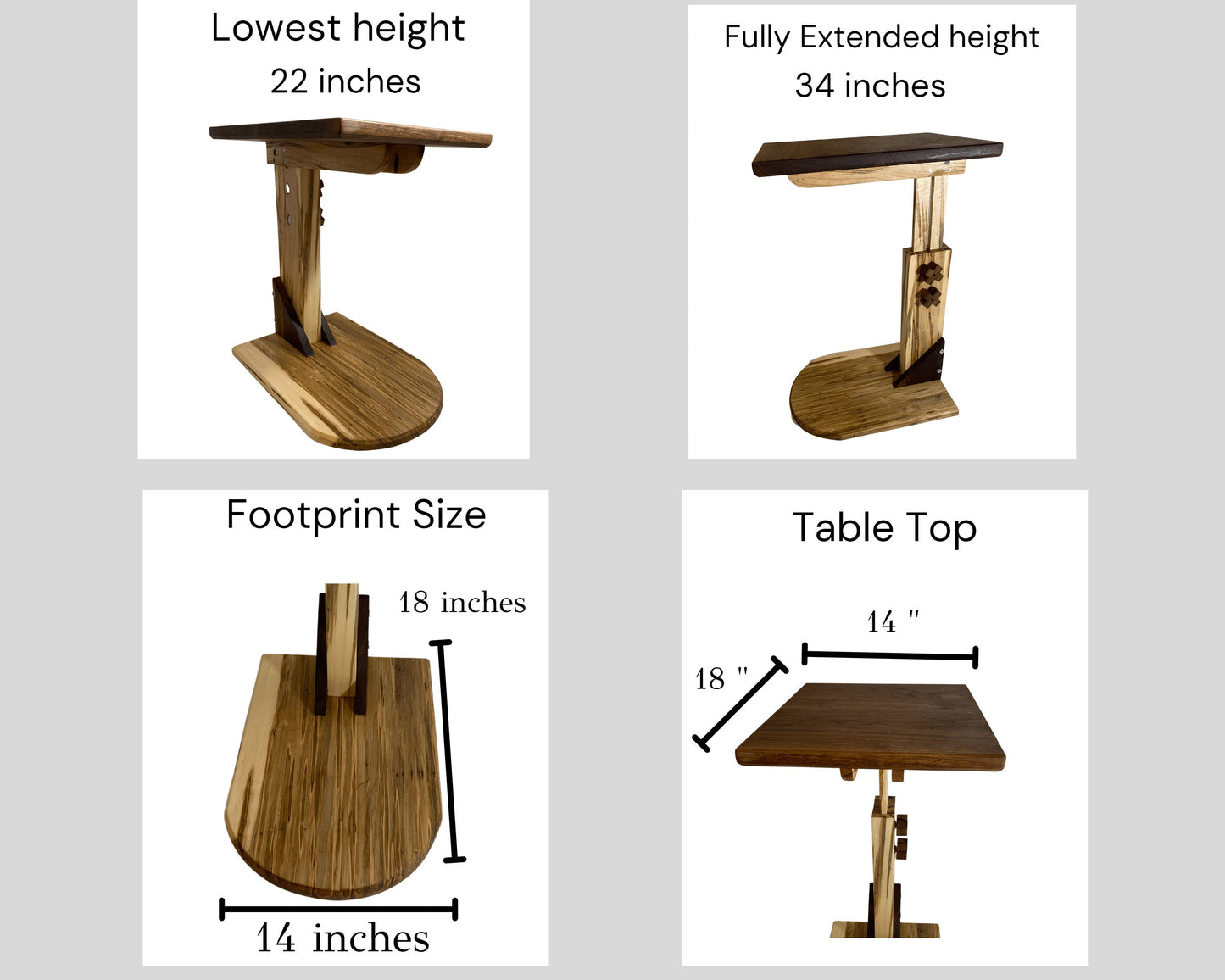 Adjustable Height C Table, Solid Wood TV Tray Table | Multifunctional Furniture | Multiuse Sofa Arm Rest Table for Laptop & Work Table