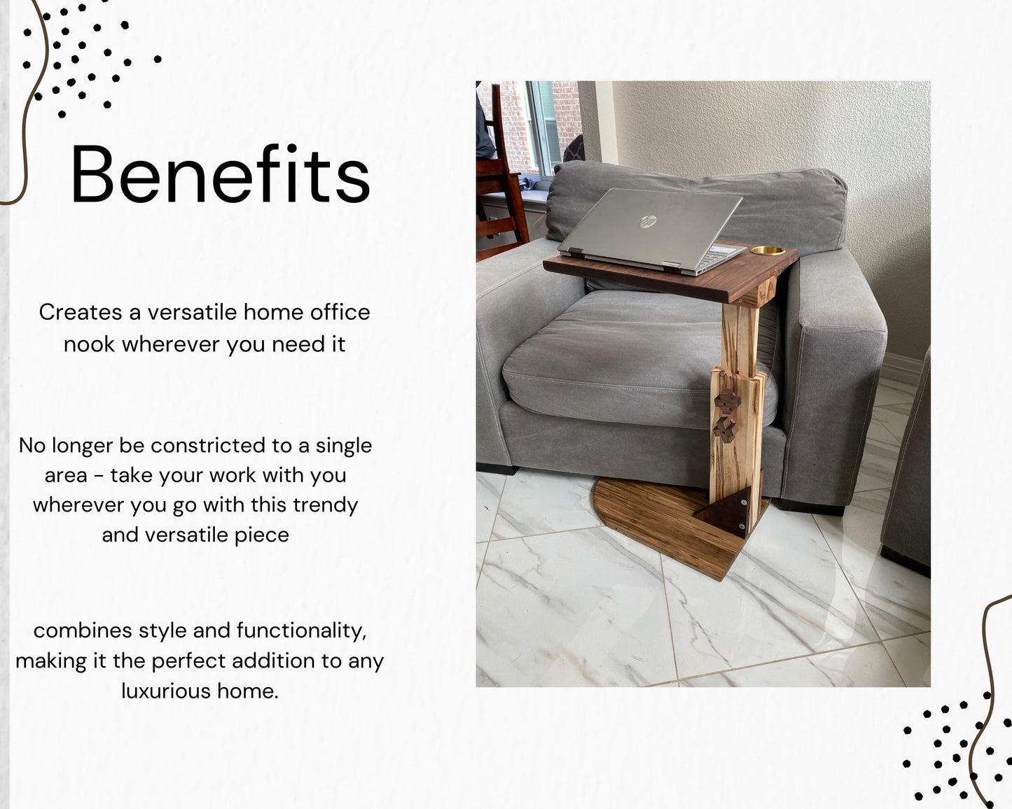 Adjustable Height C Table, Solid Wood TV Tray Table | Multifunctional Furniture | Multiuse Sofa Arm Rest Table for Laptop & Work Table