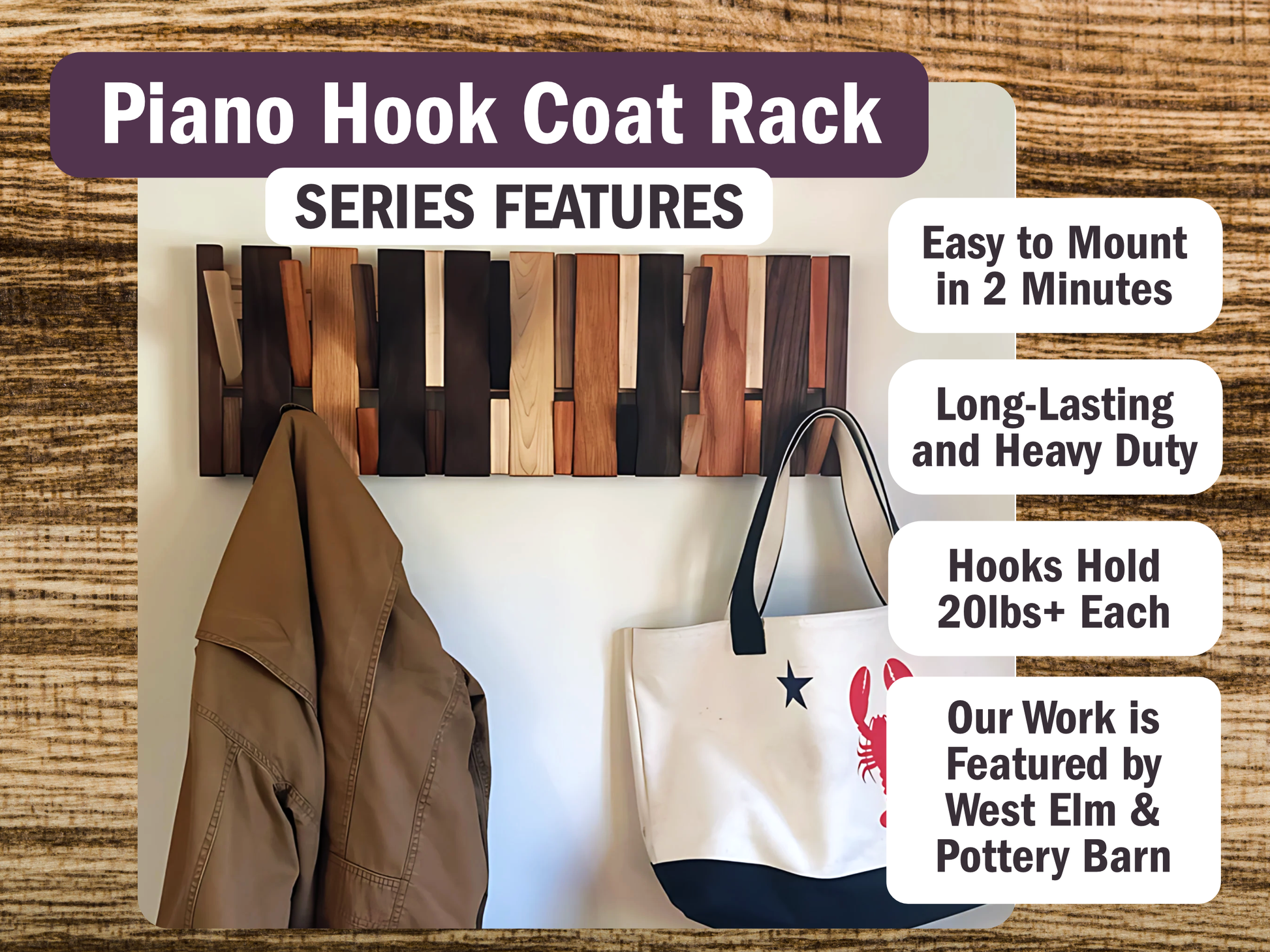 Wood Wall Mount Coat Rack Walnut Piano Key Coat Hooks for Entryway Wood Wall Mount Coat Rack Walnut Piano Key Coat Hooks for Entryway