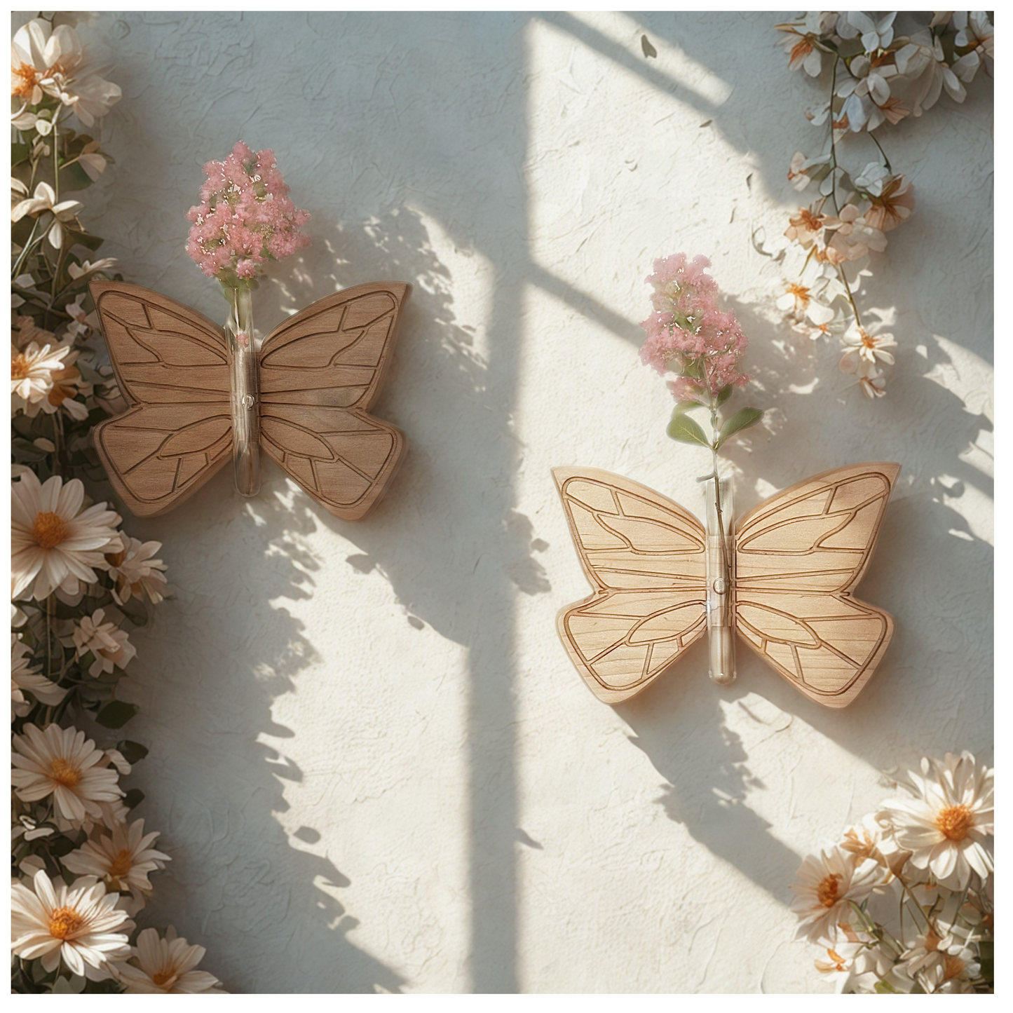 Butterfly Wall Propagation Station | Hanging Plant Holder with Magnetic Tube | Natural Hardwood Wall Planter for Cuttings & Flowers