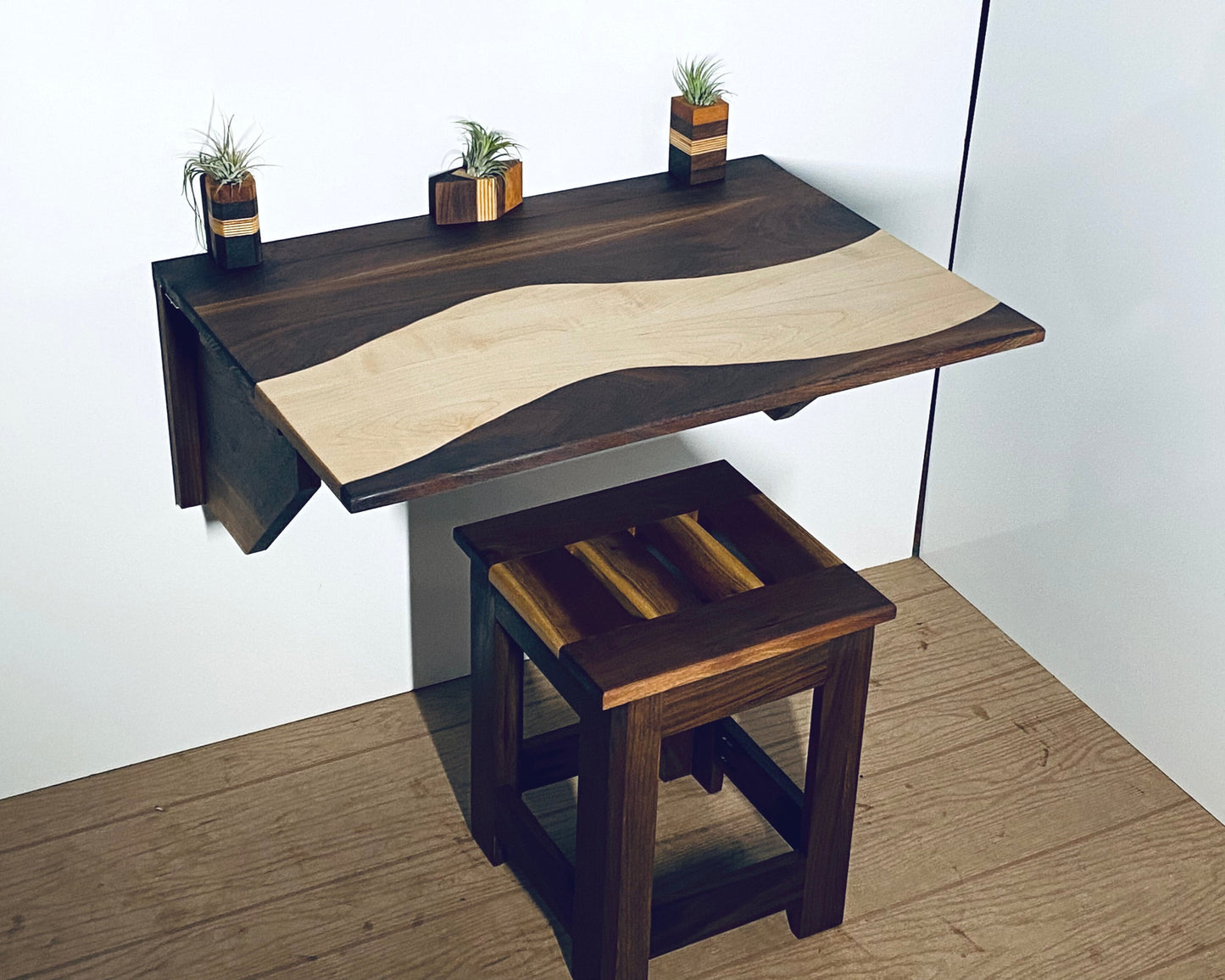 handmade wood folding wall mounted desk with walnut stool- maple accents