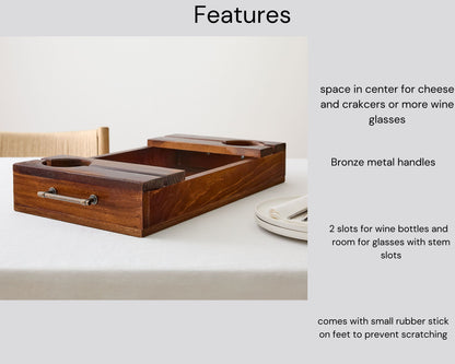 Wooden Wine Bottle & Wine Glass Serving Tray | Table Décor
