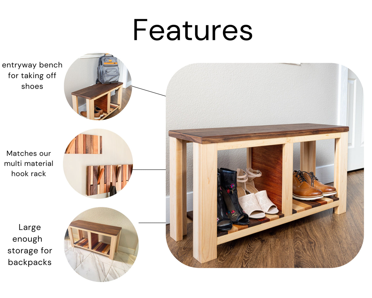 Multi Material Shoe Storage Bench | Multifunctional Entryway Bench | Modern Wood Bench Seat  w/ Storage Shelf